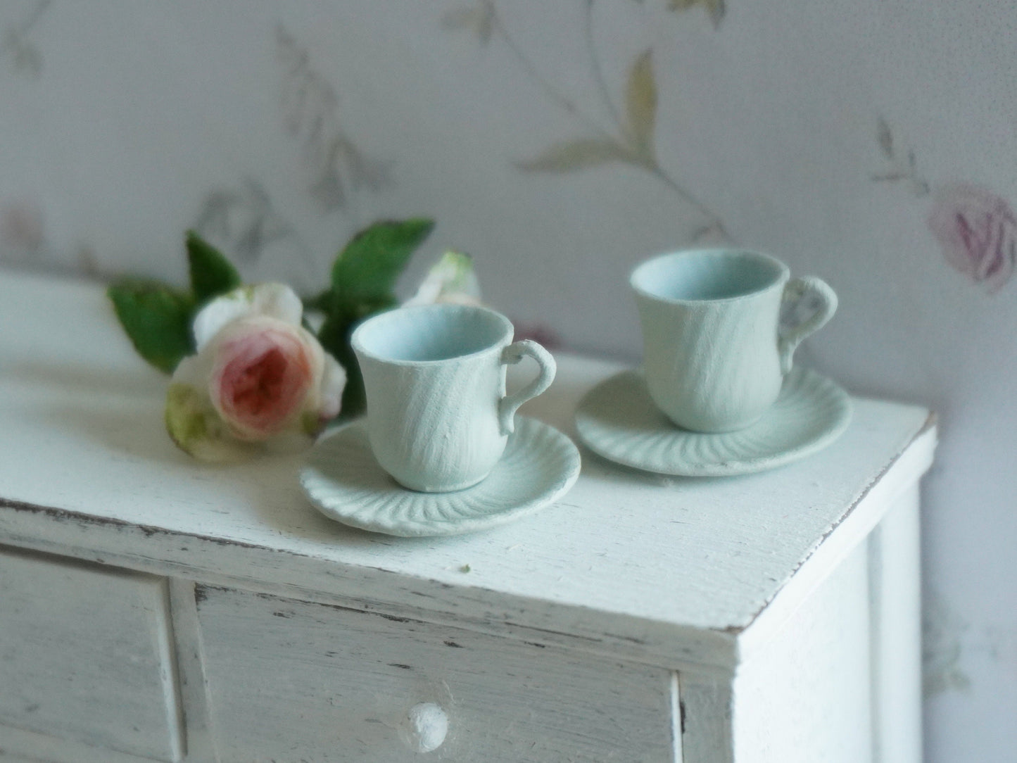 Set of 2 Teacups and Saucers 1:12 Scale Pastel Green | Dollhouse Miniature Kitchenware