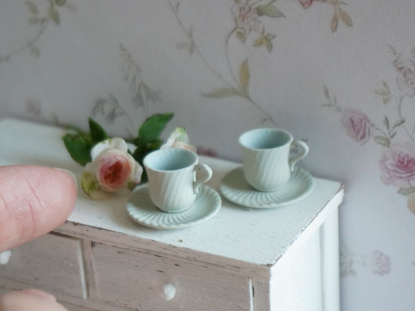 Set of 2 Teacups and Saucers 1:12 Scale Pastel Green | Dollhouse Miniature Kitchenware