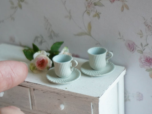 Set of 2 Teacups and Saucers 1:12 Scale Pastel Green | Dollhouse Miniature Kitchenware