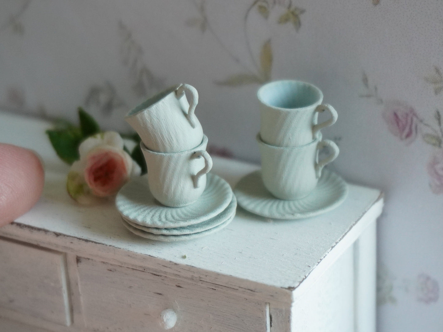 Set of 2 Teacups and Saucers 1:12 Scale Pastel Green | Dollhouse Miniature Kitchenware