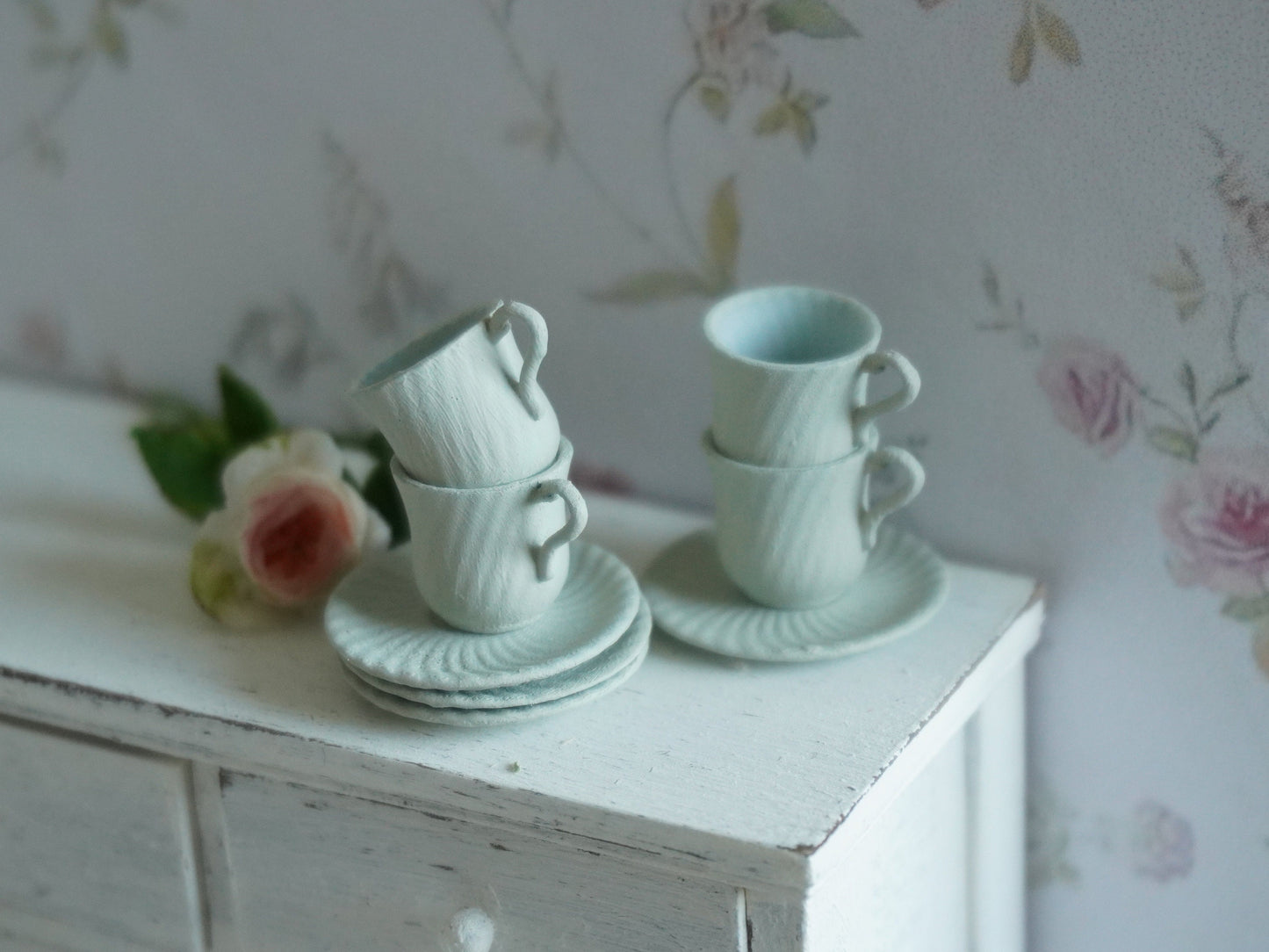 Set of 2 Teacups and Saucers 1:12 Scale Pastel Green | Dollhouse Miniature Kitchenware