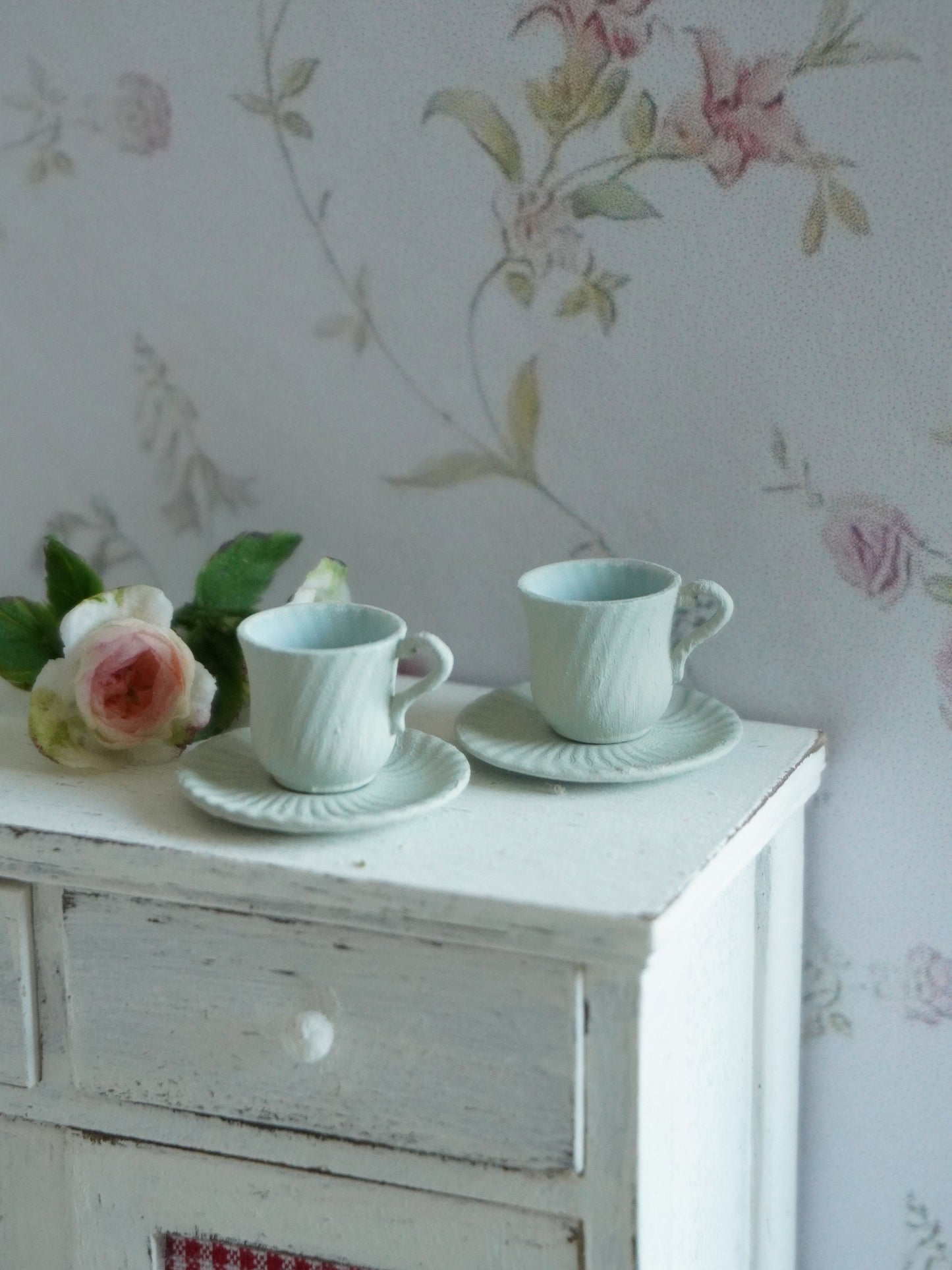 Set of 2 Teacups and Saucers 1:12 Scale Pastel Green | Dollhouse Miniature Kitchenware