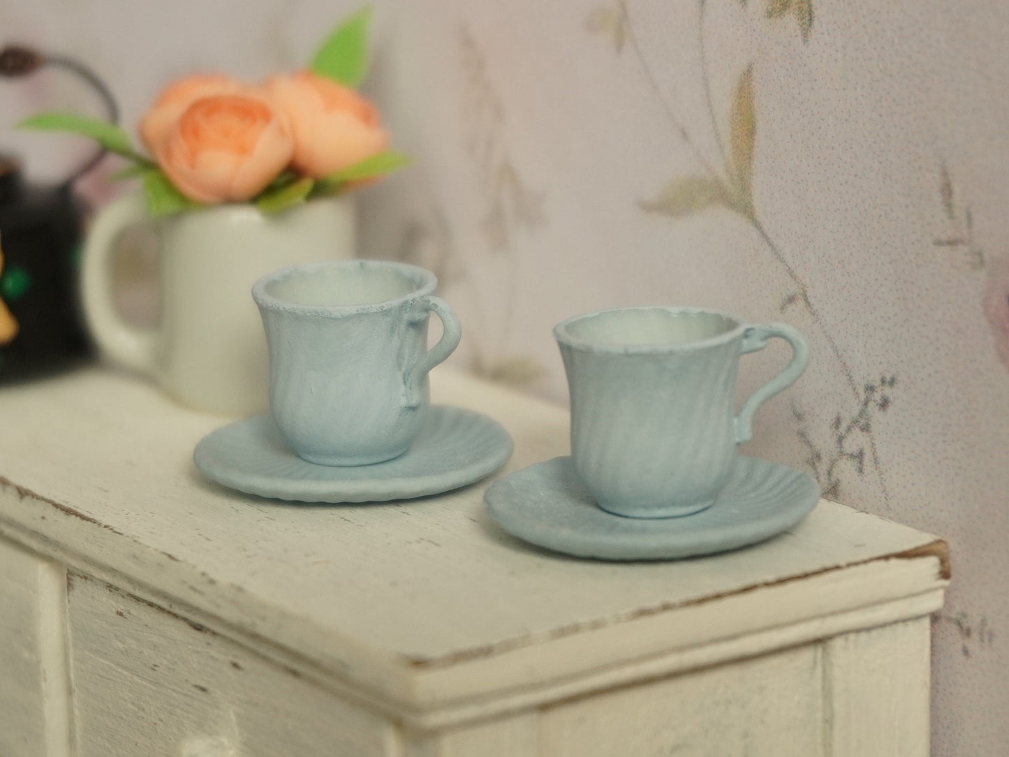 Set of 2 Teacups and Saucers 1:12 Scale Pastel Blue | Dollhouse Miniature Kitchenware