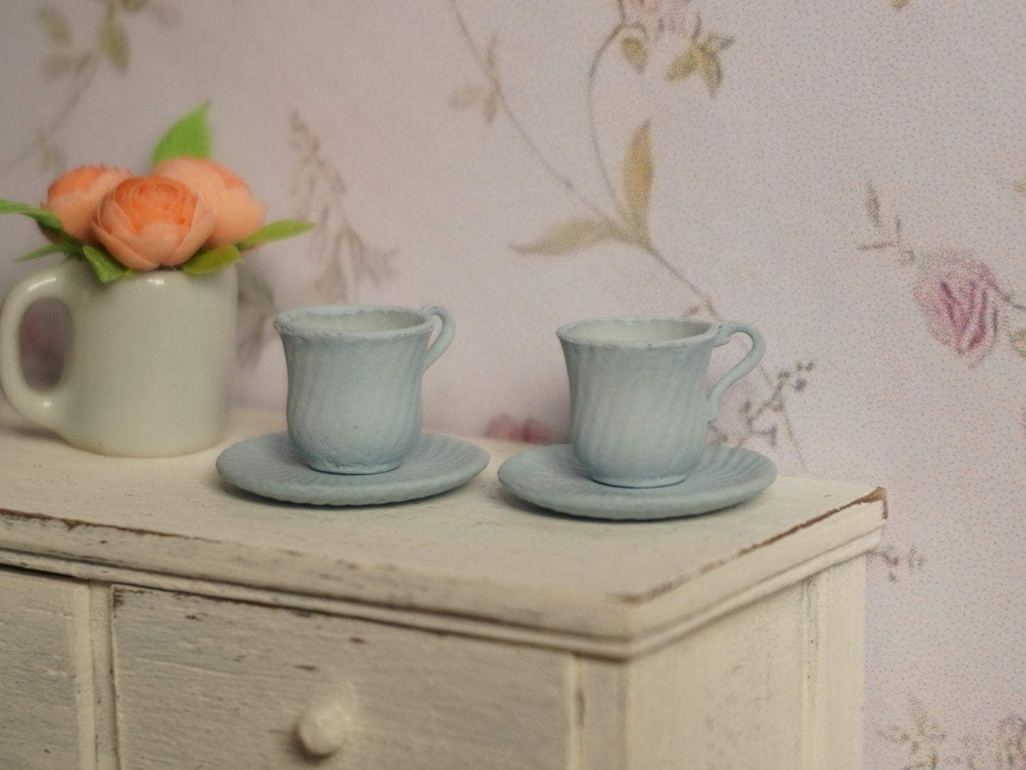 Set of 2 Teacups and Saucers 1:12 Scale Pastel Blue | Dollhouse Miniature Kitchenware