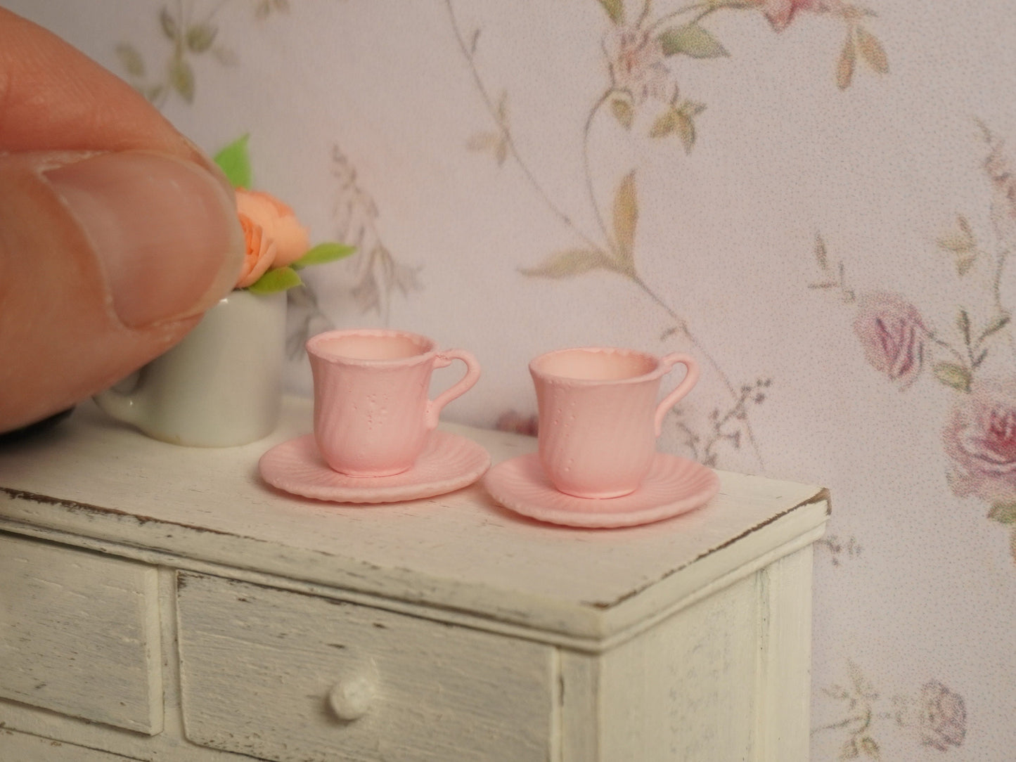 Set of 2 Teacups and Saucers 1:12 Scale Pastel Pink | Dollhouse Miniature Kitchenware