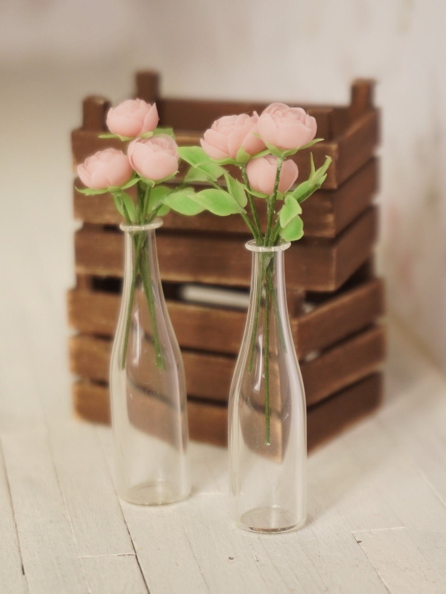 1:12 Scale Flowers in Glass Bottle | Dollhouse Miniature Peonies