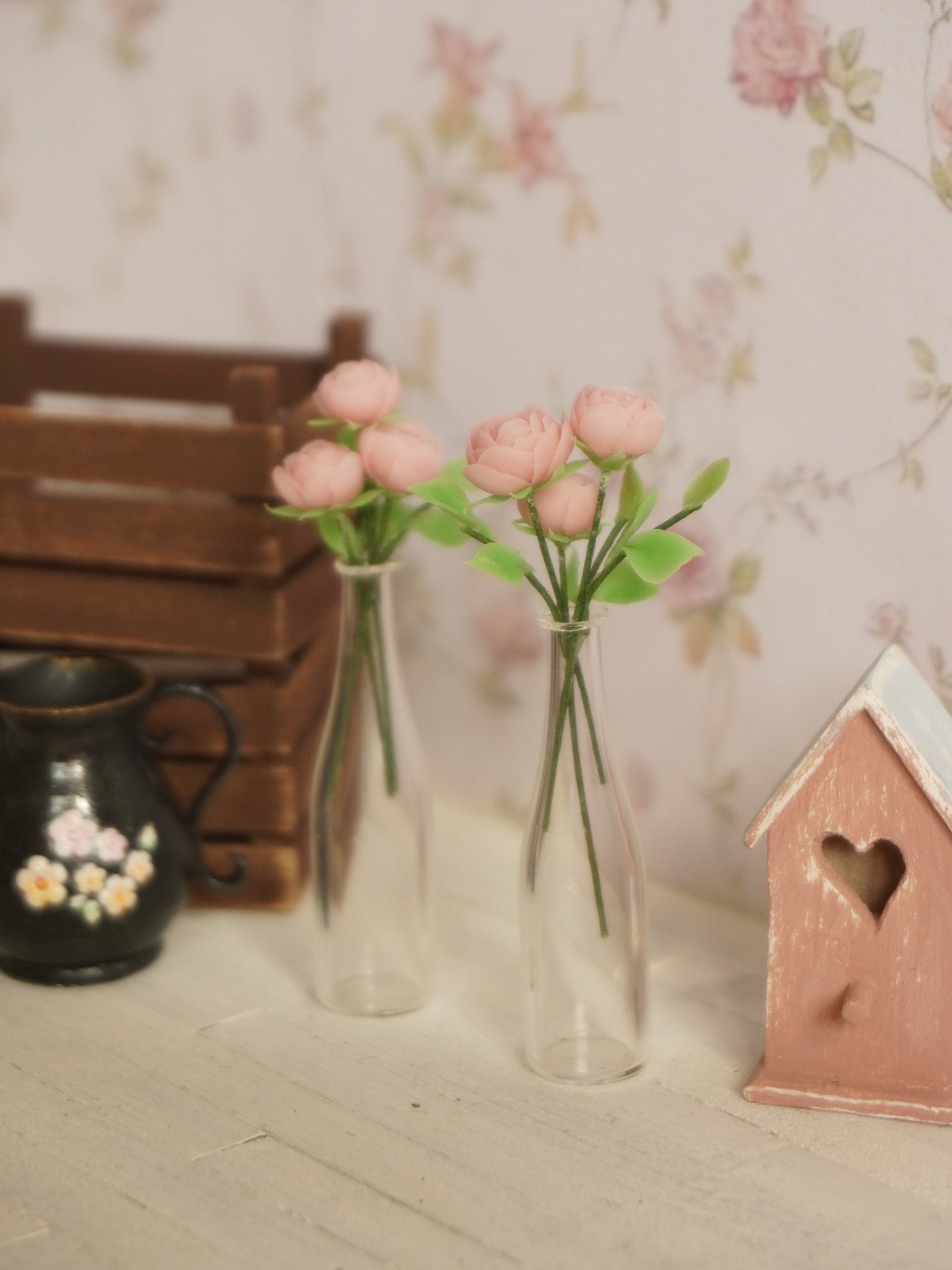 1:12 Scale Flowers in Glass Bottle | Dollhouse Miniature Peonies