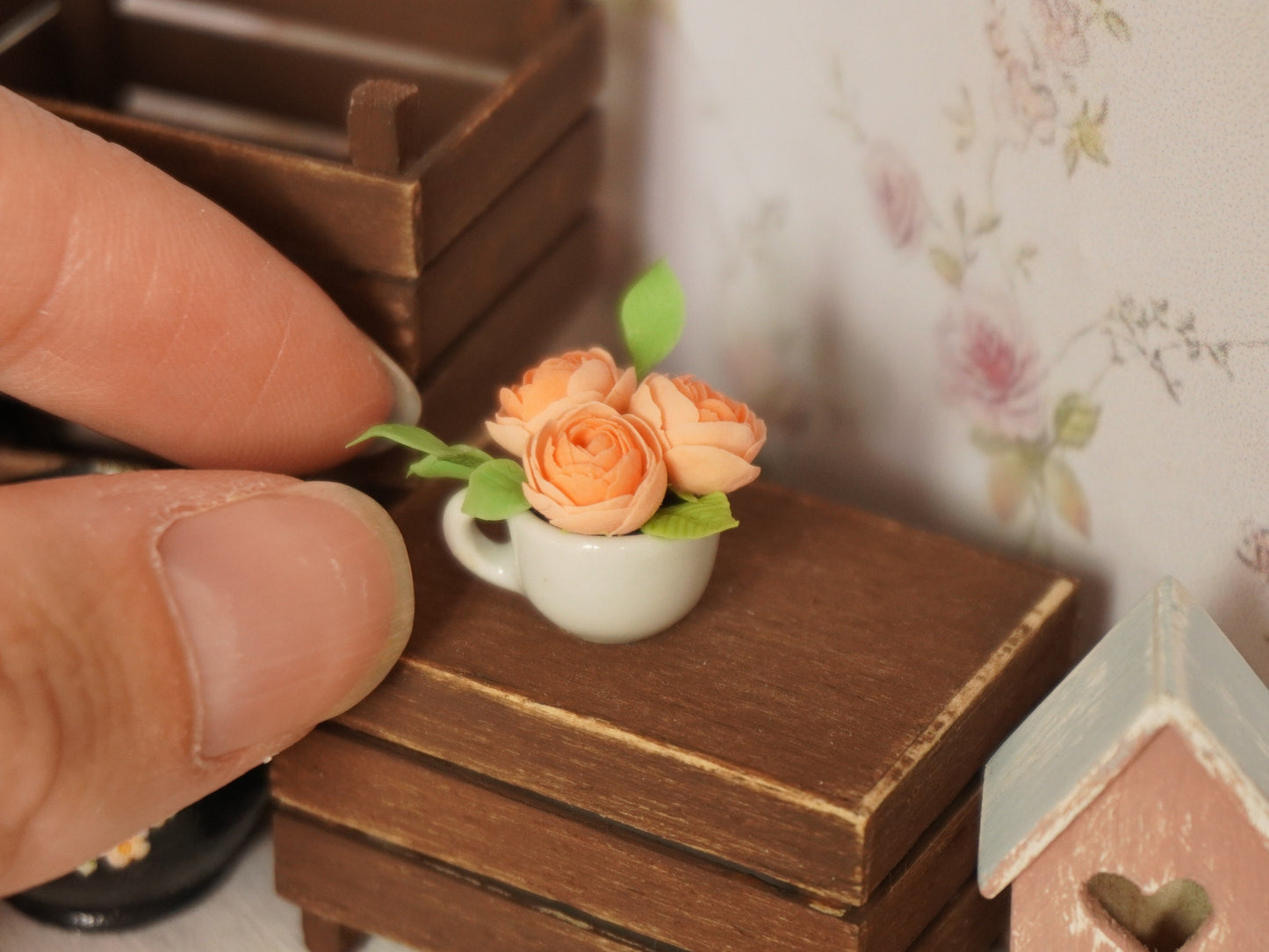 1:12 Scale Flowers in Tea Cup | Dollhouse Miniature Peonies