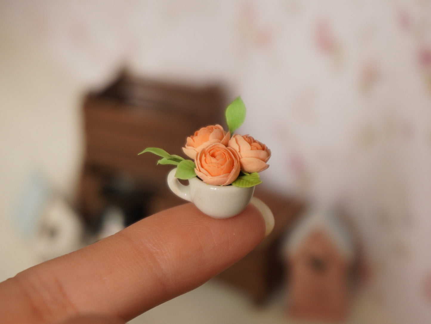 1:12 Scale Flowers in Tea Cup | Dollhouse Miniature Peonies