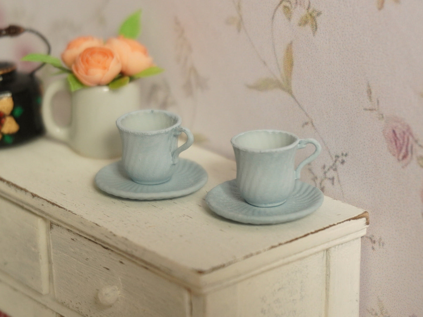 Set of 2 Teacups and Saucers 1:12 Scale Pastel Blue | Dollhouse Miniature Kitchenware