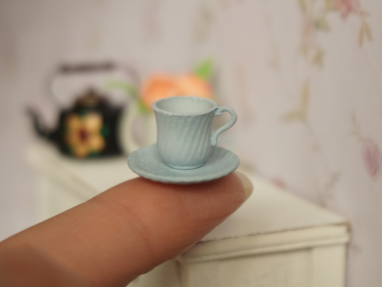 Set of 2 Teacups and Saucers 1:12 Scale Pastel Blue | Dollhouse Miniature Kitchenware