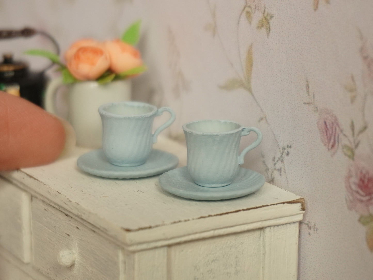 Set of 2 Teacups and Saucers 1:12 Scale Pastel Blue | Dollhouse Miniature Kitchenware