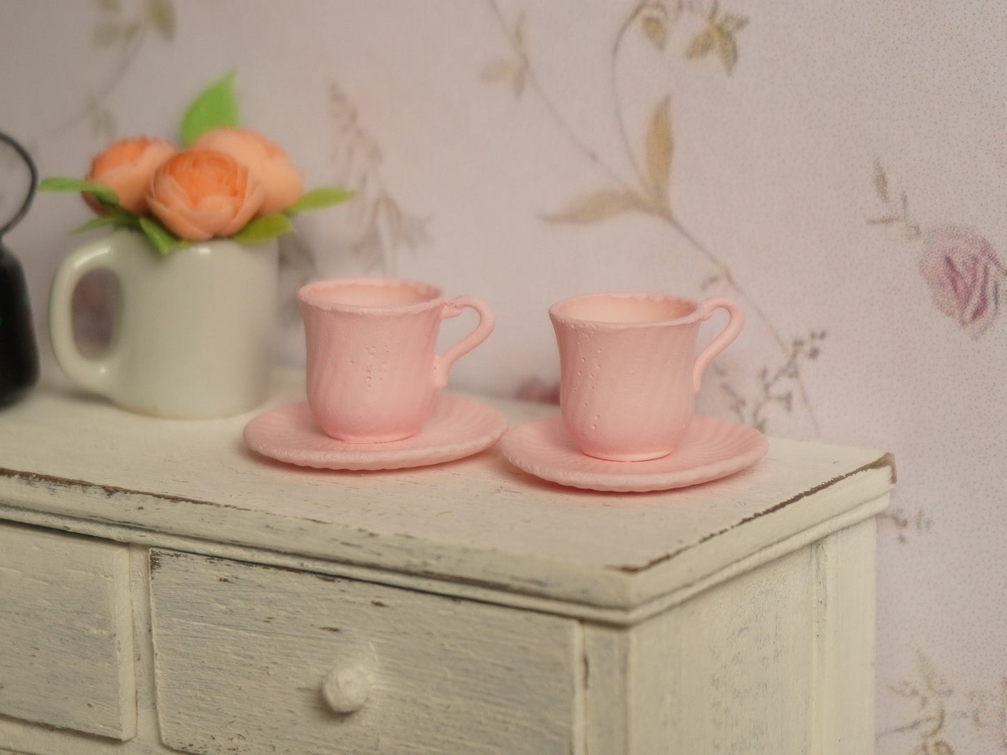 Set of 2 Teacups and Saucers 1:12 Scale Pastel Pink | Dollhouse Miniature Kitchenware