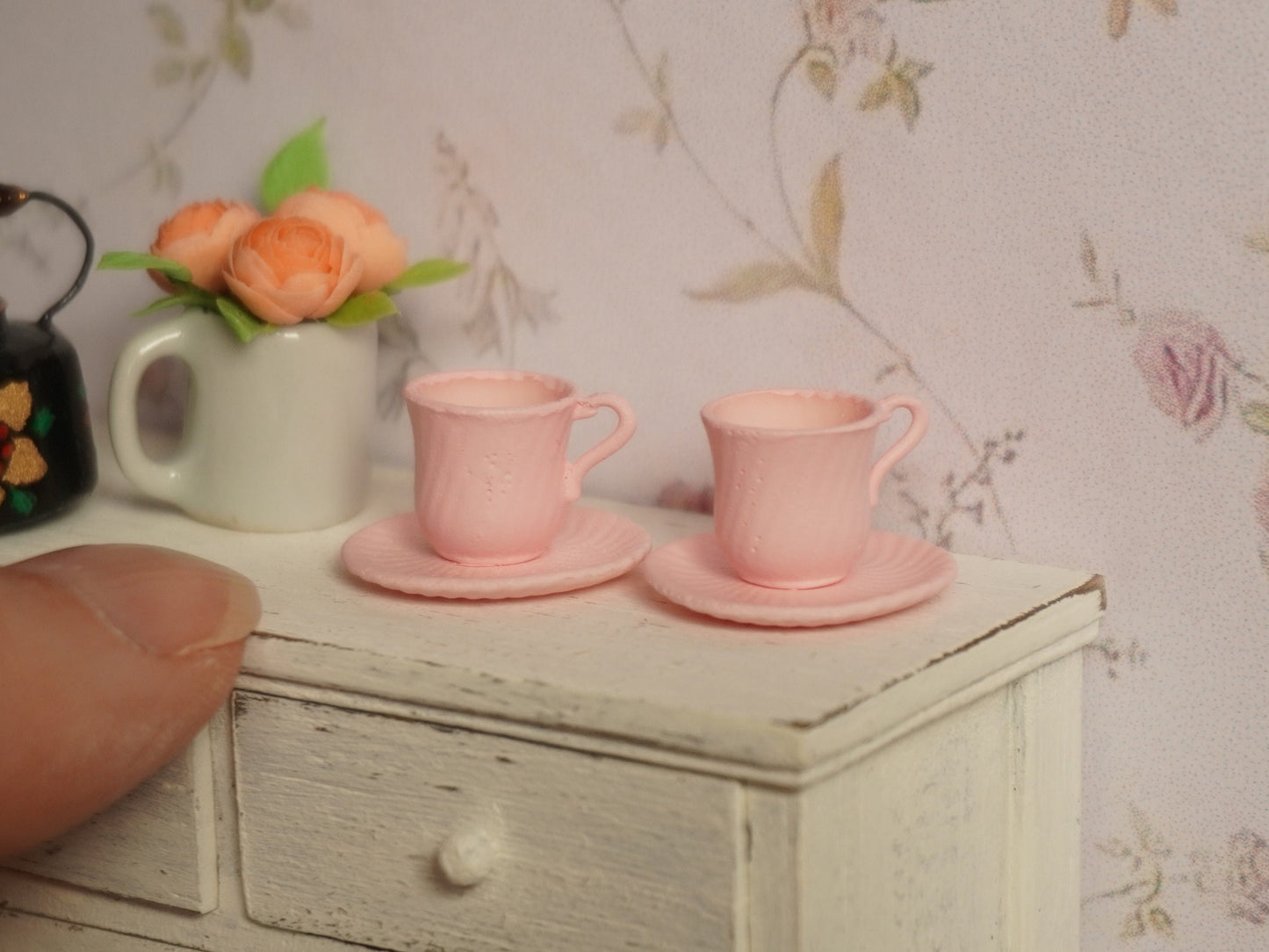 Set of 2 Teacups and Saucers 1:12 Scale Pastel Pink | Dollhouse Miniature Kitchenware