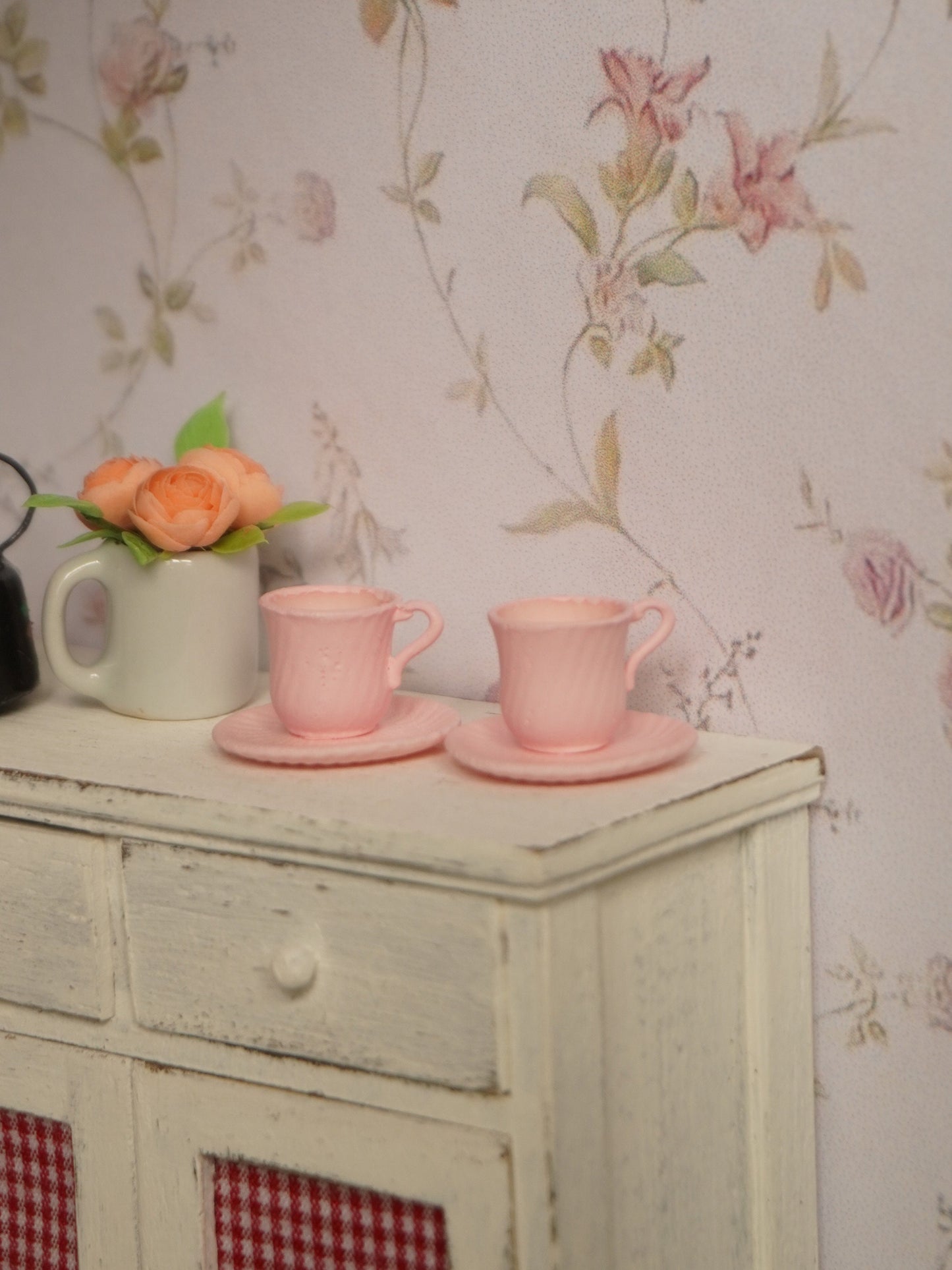 Set of 2 Teacups and Saucers 1:12 Scale Pastel Pink | Dollhouse Miniature Kitchenware