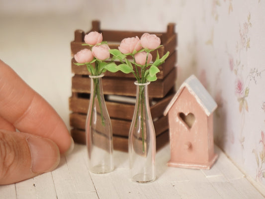 1:12 Scale Flowers in Glass Bottle | Dollhouse Miniature Peonies