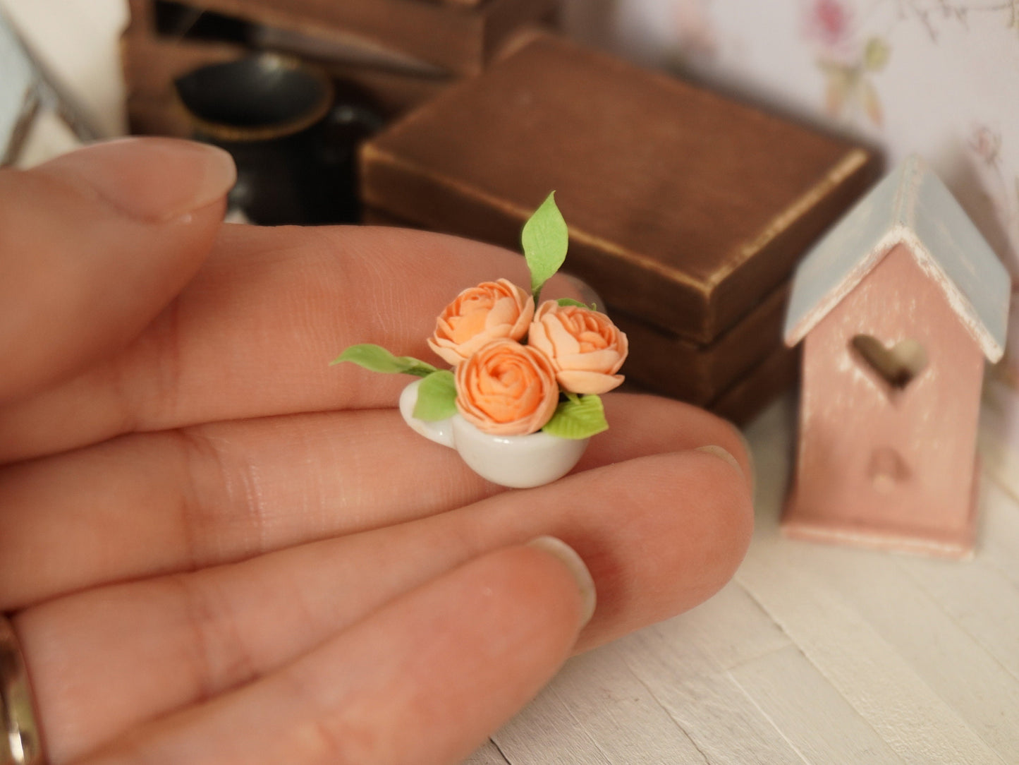 1:12 Scale Flowers in Tea Cup | Dollhouse Miniature Peonies