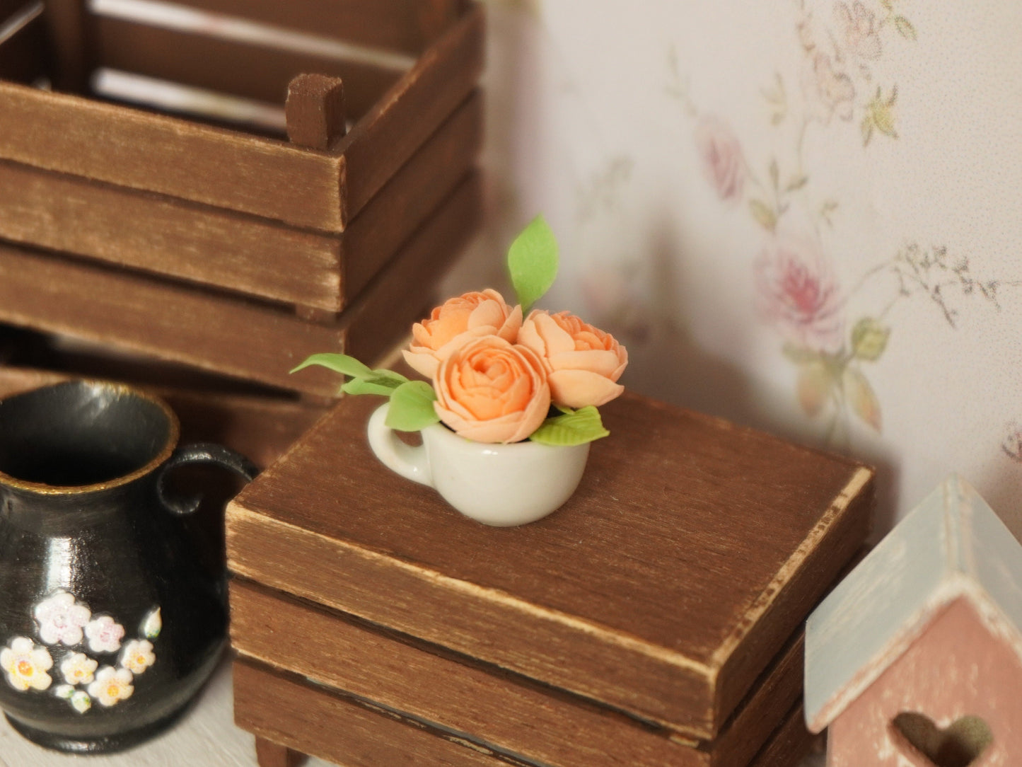 1:12 Scale Flowers in Tea Cup | Dollhouse Miniature Peonies