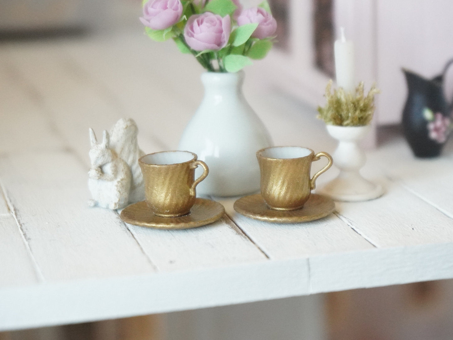 Set of 2 Gold Teacups and Saucers 1:12 Scale | Dollhouse Miniature Kitchenware