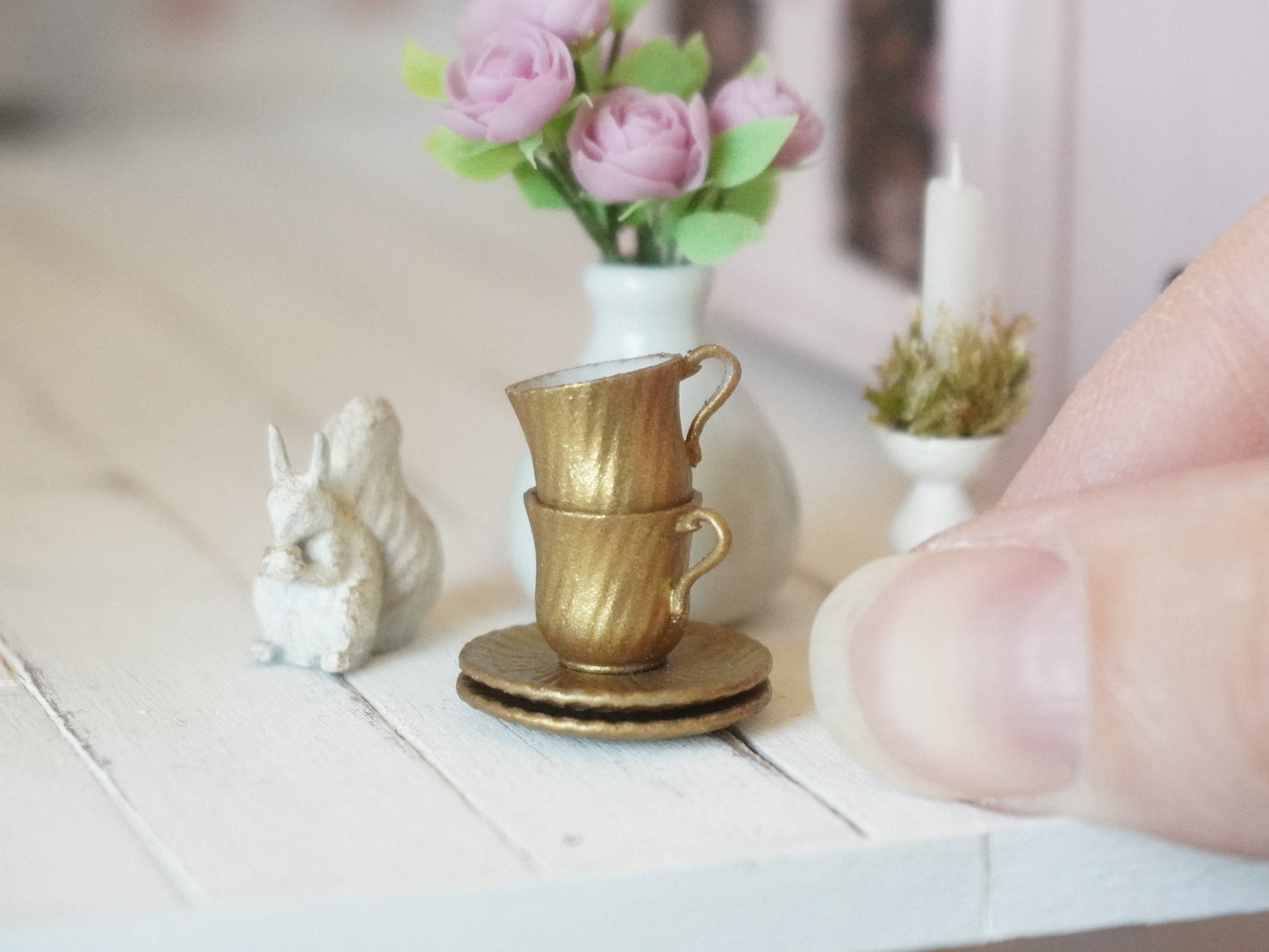 Set of 2 Gold Teacups and Saucers 1:12 Scale | Dollhouse Miniature Kitchenware