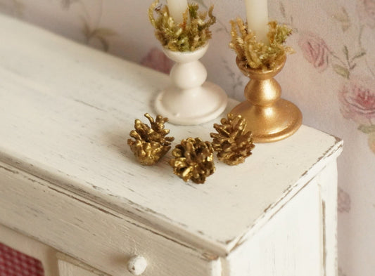 Dollhouse Miniature Gold Pine Cones - Set of 3 pcs | 1:12 Scale Christmas Decor