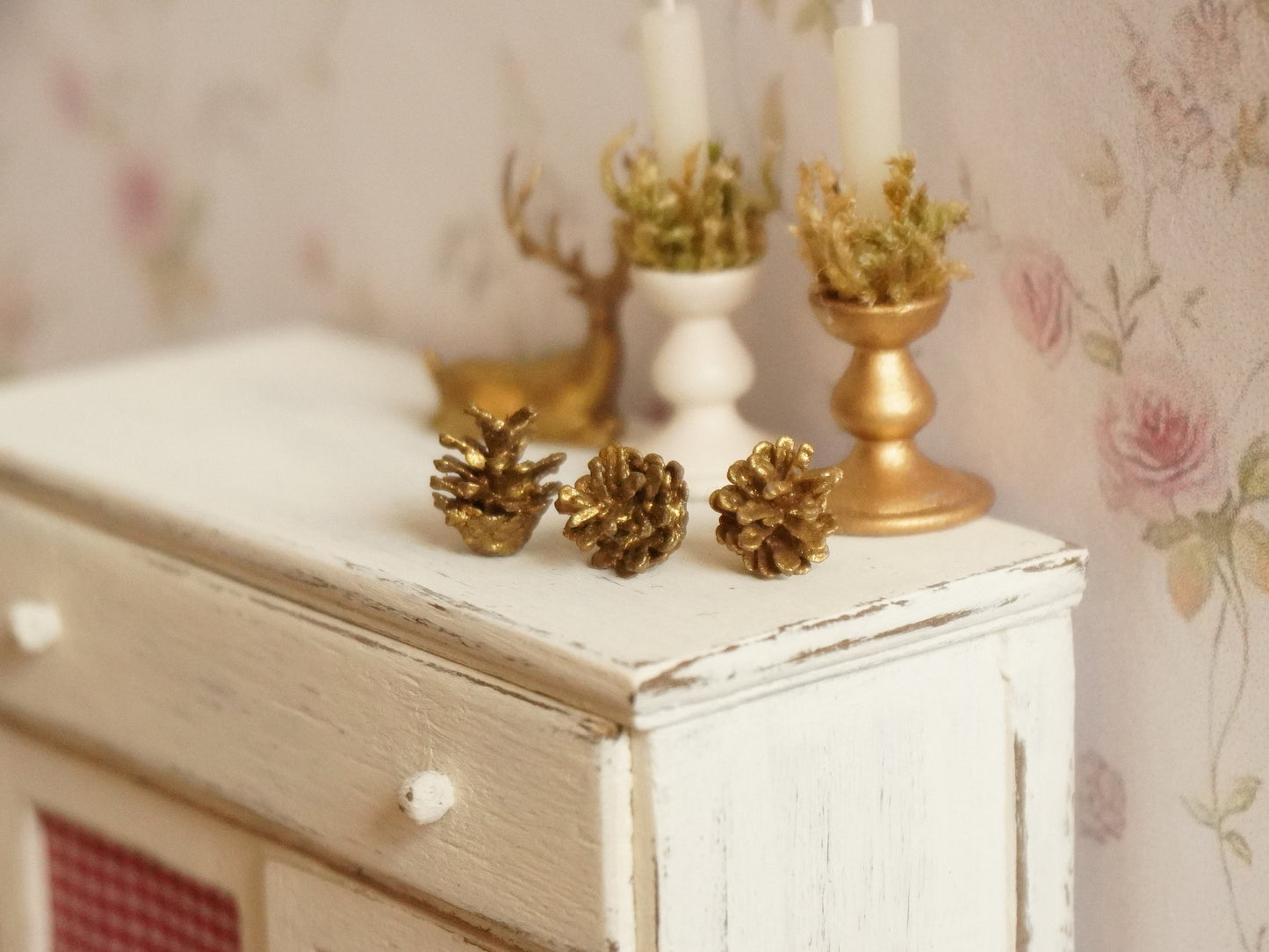 Dollhouse Miniature Gold Pine Cones - Set of 3 pcs | 1:12 Scale Christmas Decor