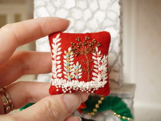 1:12 Scale Christmas Hand Embroidery Cushion | Dollhouse Miniature Pillow