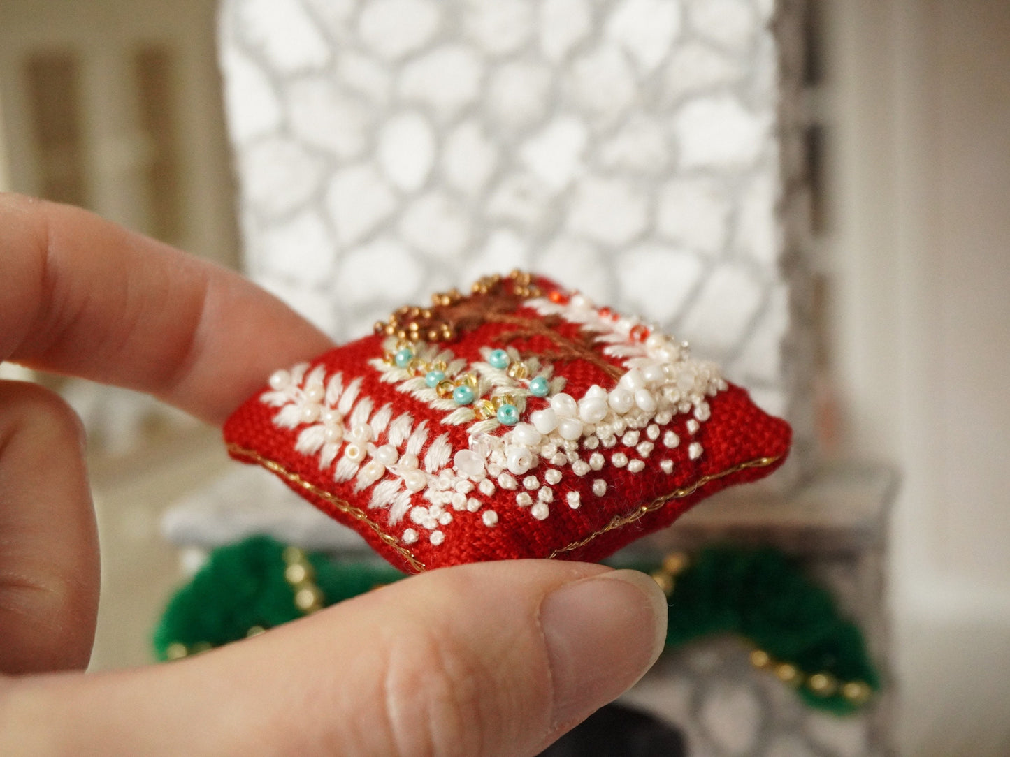 1:12 Scale Christmas Hand Embroidery Cushion | Dollhouse Miniature Pillow