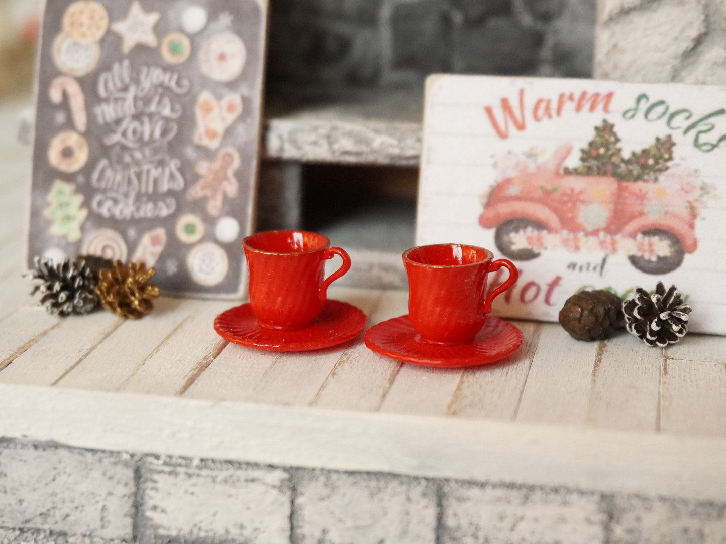 Set of 2 Red Teacups and Saucers 1:12 Scale | Dollhouse Miniature Christmas