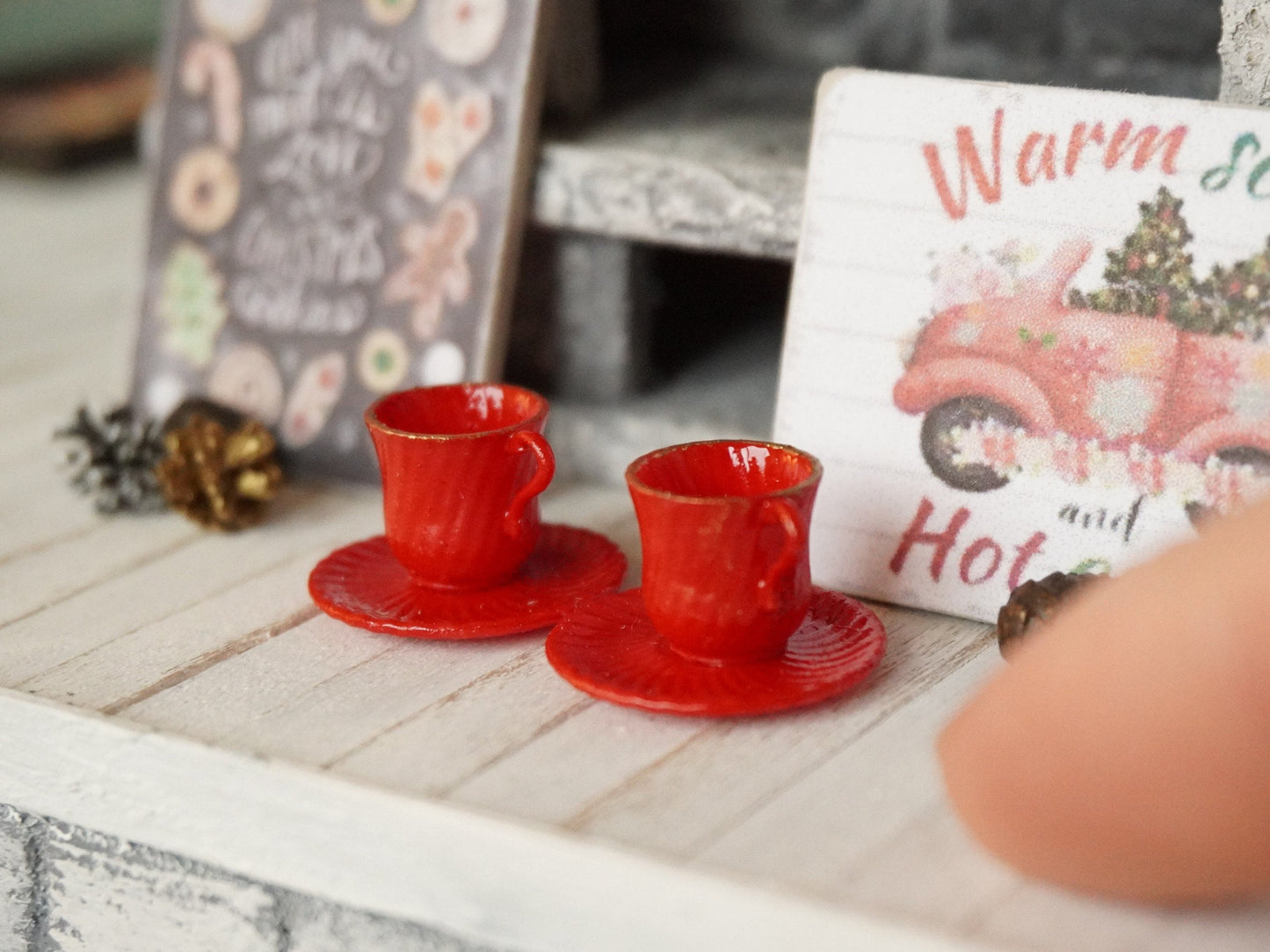 Set of 2 Red Teacups and Saucers 1:12 Scale | Dollhouse Miniature Christmas