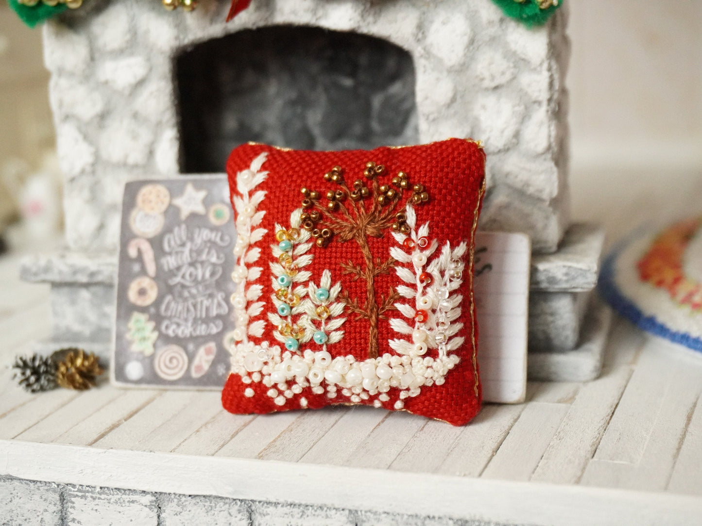 1:12 Scale Christmas Hand Embroidery Cushion | Dollhouse Miniature Pillow