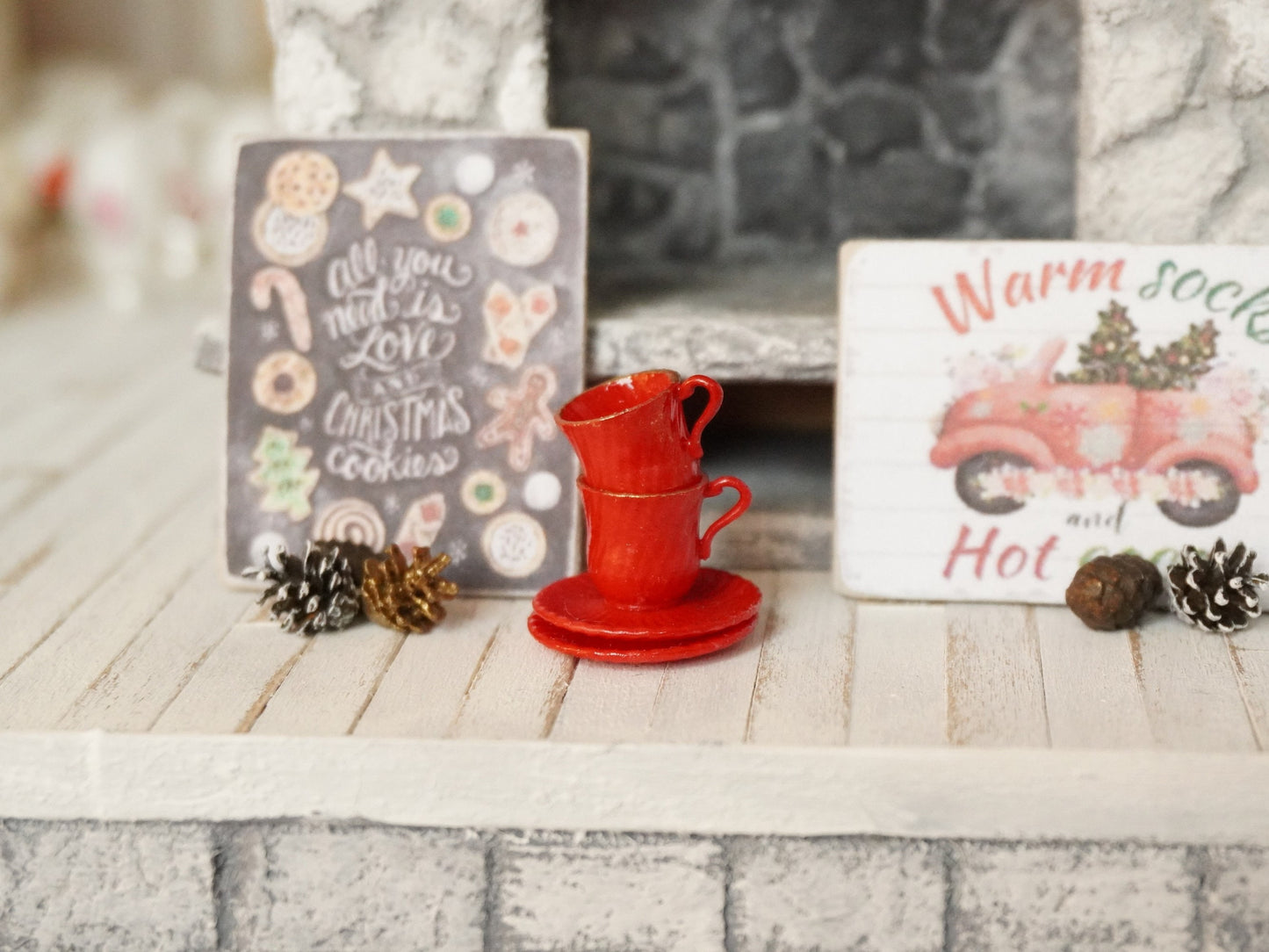 Set of 2 Red Teacups and Saucers 1:12 Scale | Dollhouse Miniature Christmas