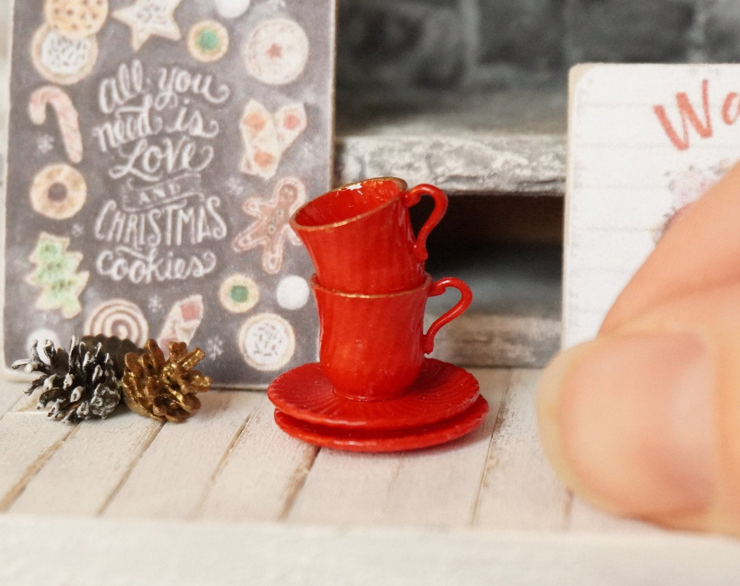 Set of 2 Red Teacups and Saucers 1:12 Scale | Dollhouse Miniature Christmas