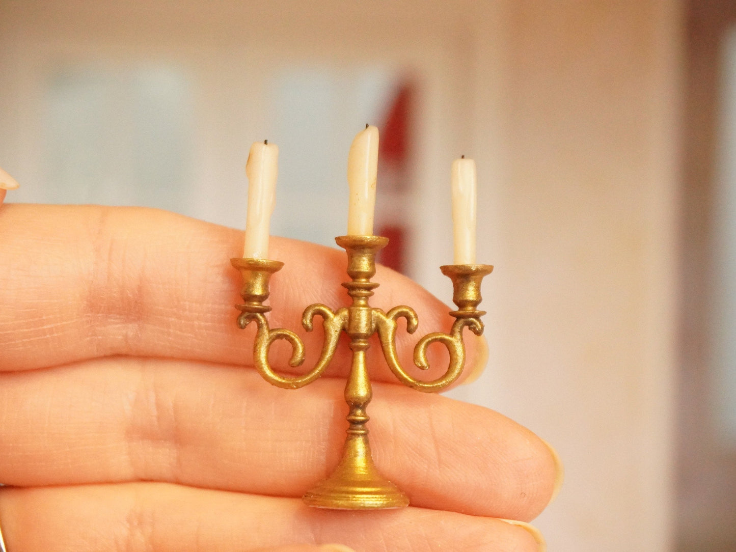 Miniature Candleholder for 3 Candles | 1:12 Scale Dollhouse Candelabra | Antique Miniatures